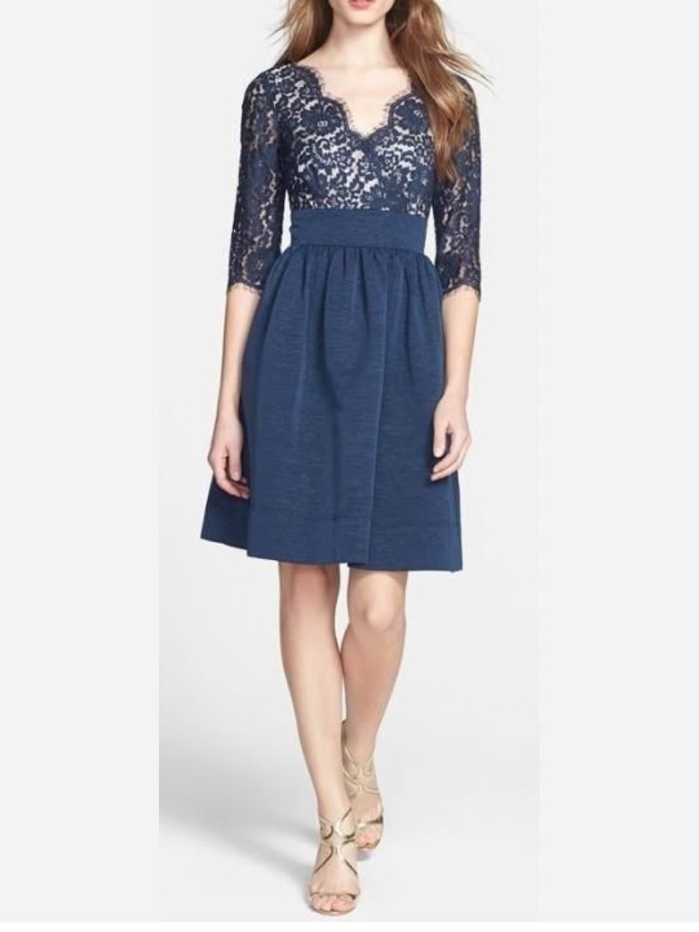 Eliza J Lace Fit and Flare Dress Faille Cocktail Party 3/4 Sleeve vneck Size 10P